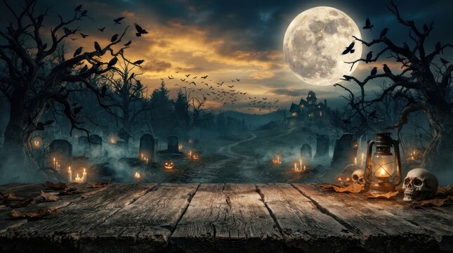 Wooden Table Stage In Spooky Halloween Graveyard