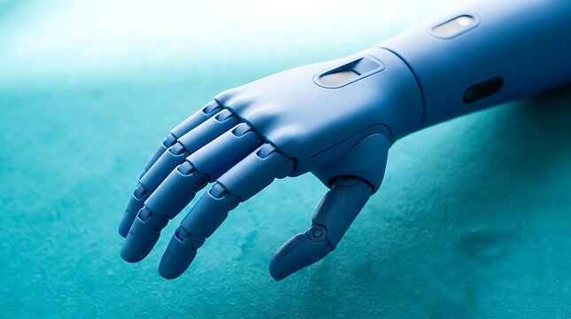 Detailed view of a blue bionic robot hand resting.