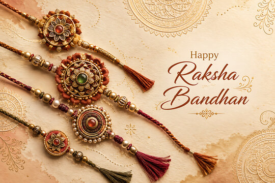Happy raksha bandhan vintage golden rakhi collection with pearls tassels and intricate floral patterns on cream background for rakhi purnima