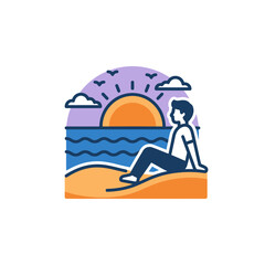 Man sitting on beach sand relaxing.