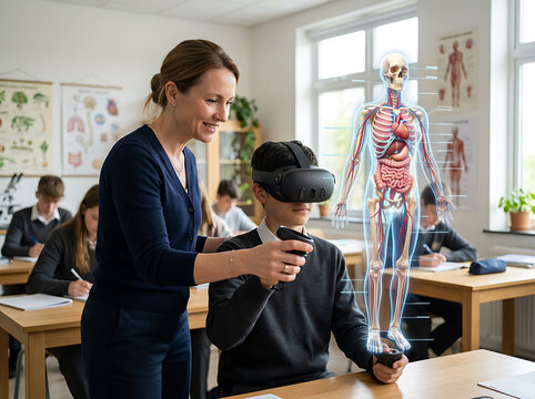 Child learns about human anatomy using VR technology in school classroom setting with teacher guidance