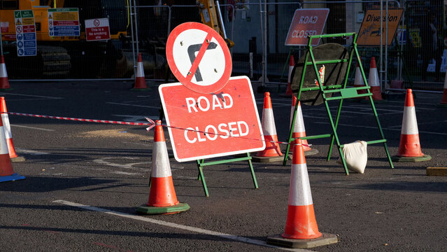 Road closed, sign, traffic, cone, construction, detour, road closed sign and traffic cones at urban construction site