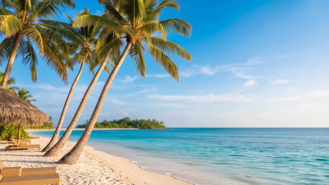 Tropical paradise featuring palm trees beside crystal-clear turquoise ocean, pristine white sand beach, luxurious island resort ambiance, 4K video