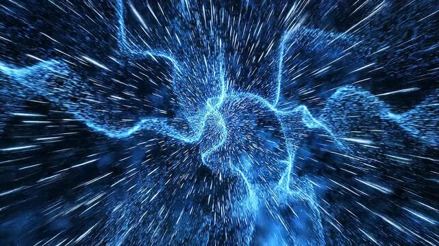 Abstract glowing blue particles explosion with dynamic energy flow and futuristic digital motion background