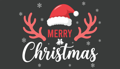 Merry christmas greeting card design with santa hat, reindeer antlers, and bells on a dark grey background with snowflakes © firoz