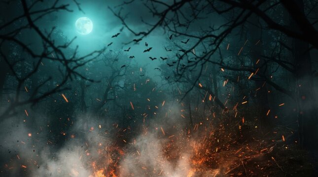 Spooky Night Forest with Moon and Fire