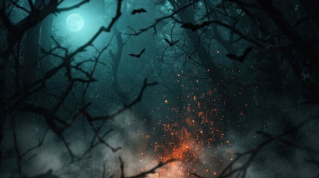 Dark Forest with Glowing Moon and Fire Sparks