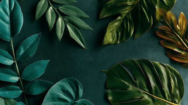 tropical leaves on dark green background