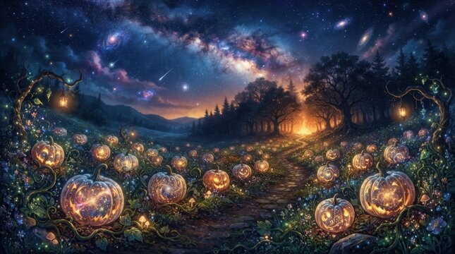 Enchanted Pumpkin Patch Field Under Starry Sky