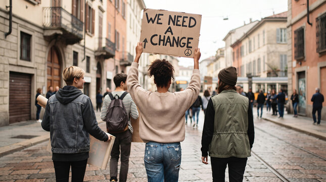 Diverse group of people marching with cardboard sign in street