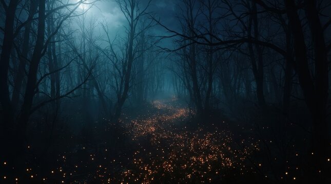 Glowing Forest Path Illuminated by Magical Fireflies