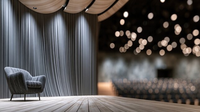 A plush armchair sits center stage before a softly lit auditorium