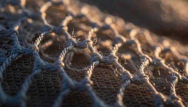 Close-up of a woven net with frayed edges and intricate pattern.