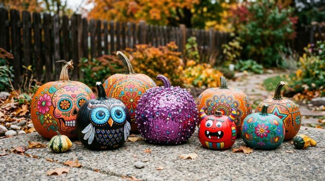 Creative Painted Halloween Pumpkins Sitting In Backyard
