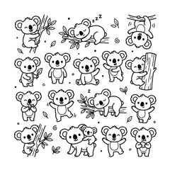 Obraz premium Cute koala illustrations showing a variety of poses and activities, including sleeping and climbing, with a focus