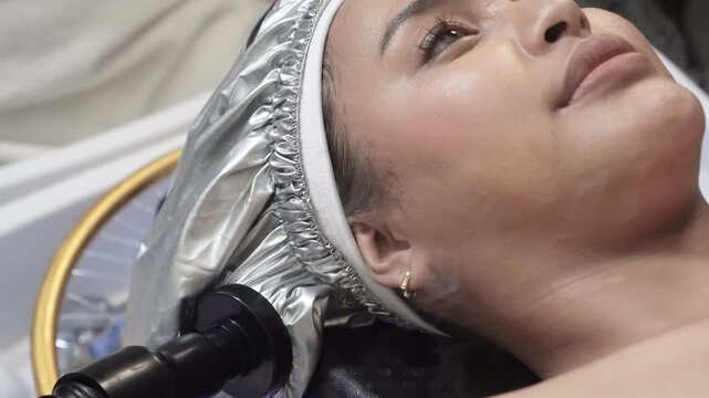 Client receiving a thermal steam cap deep conditioning treatment during a Japanese head spa session for scalp and hair rejuvenation.