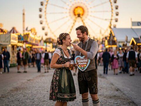 Happy Couple in Traditional Bavarian Clothing at Oktoberfest Fairground
