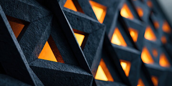 Abstract geometric pattern with textured dark elements and glowing orange triangles