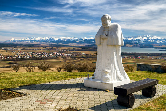 Statue of Pope John Paul II overlooking Orava and the High Tatras from Klin, Slovakia