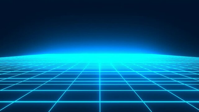 Glowing blue perspective wireframe grid horizon background for futuristic cyber science fiction design concepts