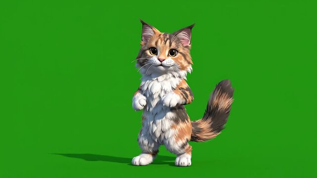 A cute fluffy calico kitten stands on its hind legs looking curious and alert while its soft fur glows under bright sunlight creating a heartwarming scene that captures the playful nature of pets