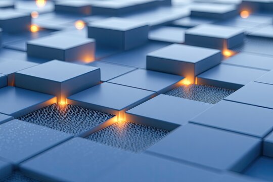 Abstract geometric grid with glowing orange light emanating from gaps
