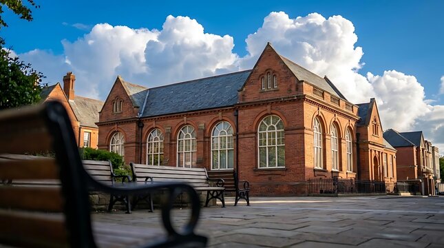 Historic red brick building with large windows under clouds.