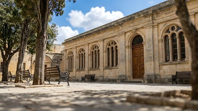 Historic stone building courtyard with arched windows.