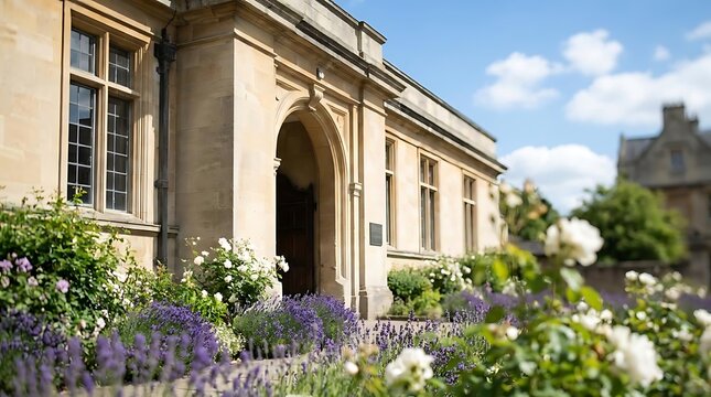Historic stone building with blooming lavender garden.