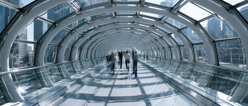 Blurred figures walk through a sunlit, modern glass skywalk connecting urban buildings