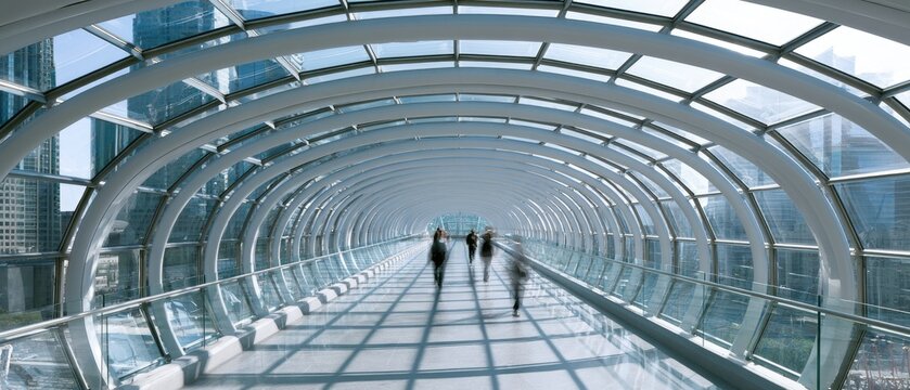 People walk through a bright, modern, glass-enclosed, curved skywalk between buildings