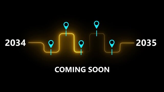 Glowing Roadmap Timeline Between 2034 and 2035 with Location Pin Markers and Coming Soon Text Animation 4K video animation.