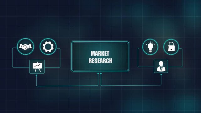 Market research infographic animation loop with icons, modern tech background for corporate presentation video, digital network analytics visual.