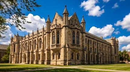 Fototapeta premium Historic stone gothic architecture building on green lawn.