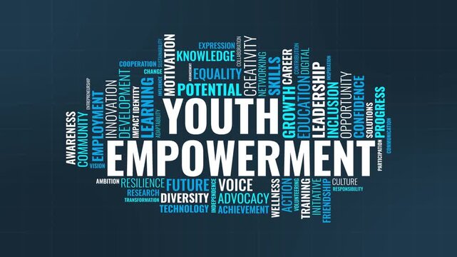 Youth Empowerment Typography Word Cloud Concept on Dark Blue Grid Background