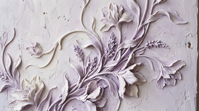 Elegant floral bas relief sculpture carved on a weathered stone wall surface