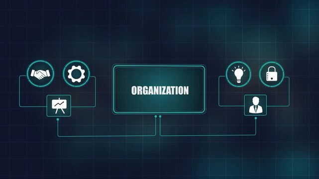Business organization concept video, corporate structure and management animation, modern glowing digital icons network motion graphics.