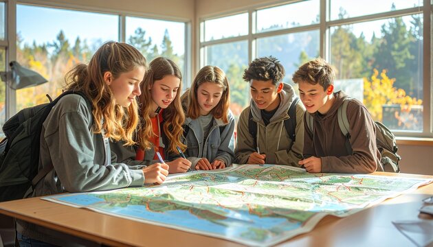 Diverse group of teenagers studying a large map together indoors.