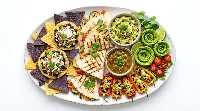 Large platter of assorted mexican food with quesadillas guacamole and tortilla chips. Mexican appetizer ideas