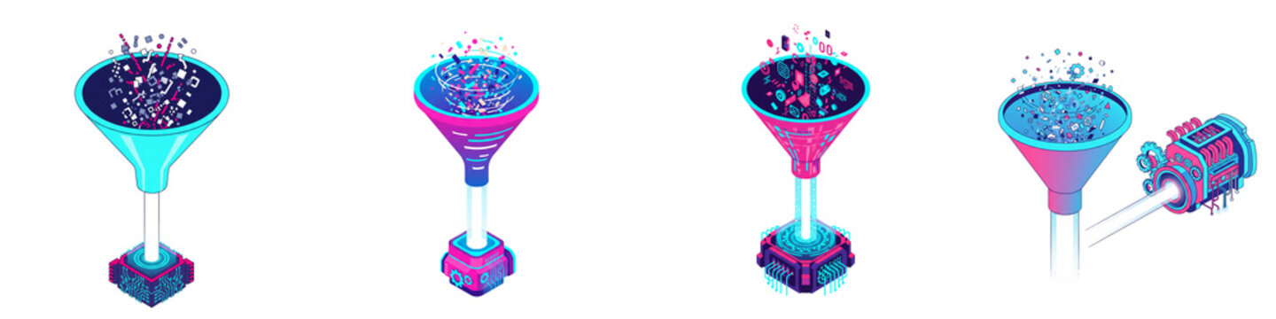 Isometric data funnel processing icons with neon glow on black background