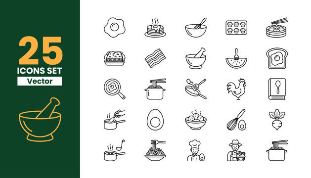 Set of twenty five kitchen and cooking line icons showing chef utensils recipes food preparation methods and restaurant meal service for culinary arts projects.