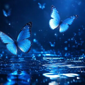 ?blue butterflies, butterfly, glowing, fantasy, magical, dreamy, night, water, reflection, blue, nature, elegant, peaceful, serenity, bokeh, sparkle, shimmer, wings, flying, soft light, cinematic, eth