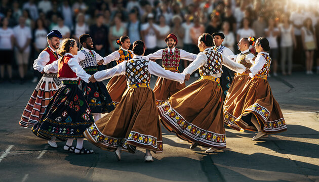 Group of people dancing in traditional folk costumes outdoors.