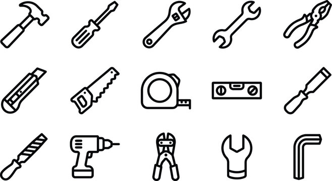 Set of fifteen essential construction and repair hand tool icons in a clean minimalist line art style