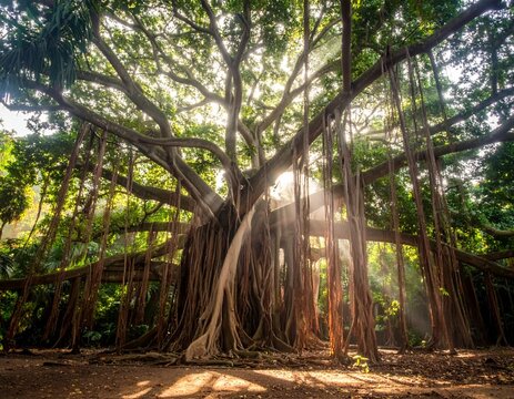 Majestic Banyan Tree with Sunlight Streaming Through Its Branches.