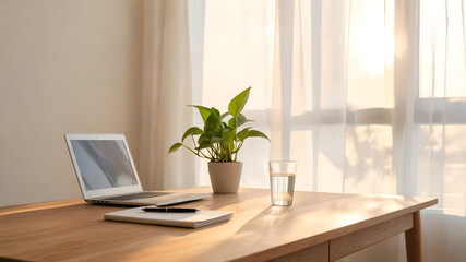Fototapeta premium Modern minimalist home office workspace with laptop, notebook, plant, and glass of water on wooden desk near sunlit window
