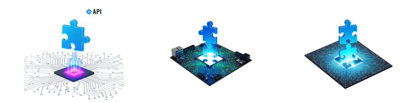 Blue puzzle pieces connecting to computer processor chips on black