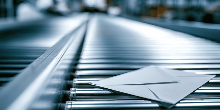 Two white envelopes sit on a roller conveyor system in a modern facility