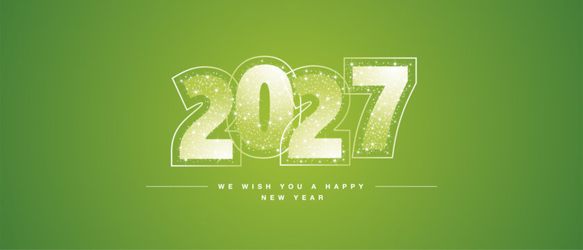 We wish you a Happy New Year 2027 light white green glitter typography with neon outline. New Year 2027 on lucky green background
