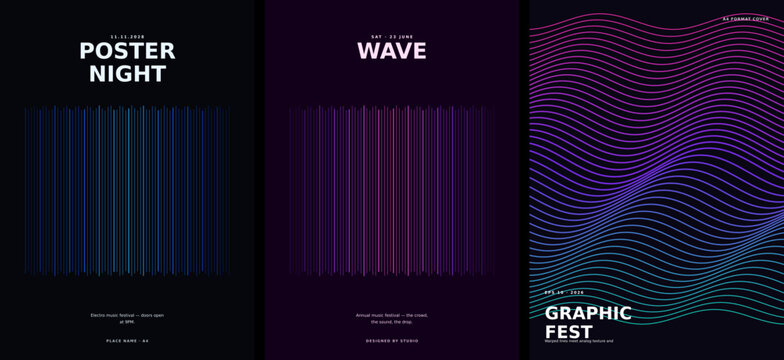 Modern abstract poster design set, minimalist geometric wavy background collection, 4 vector templates for internet marketing conference and events